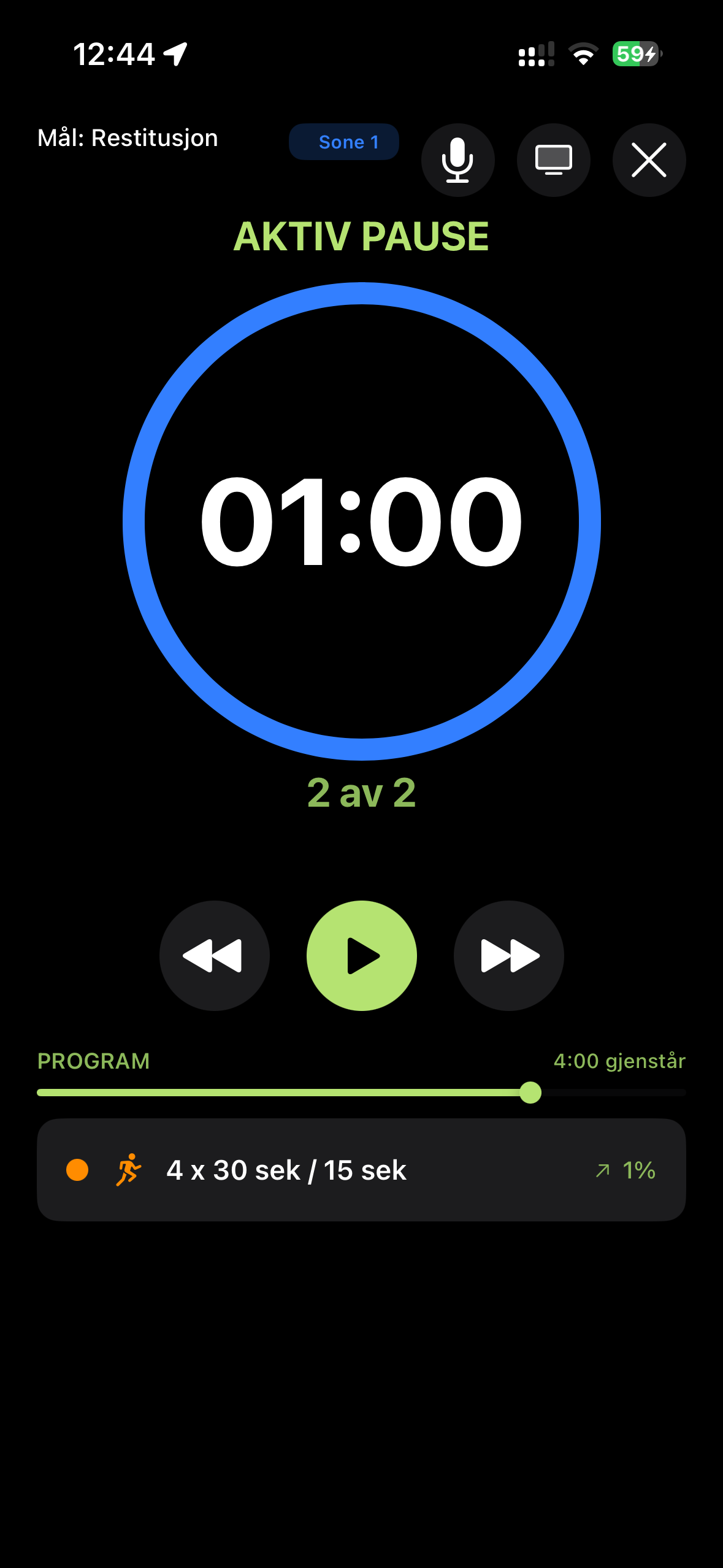 Live intervalltrening med synkronisert timer og pulssoner